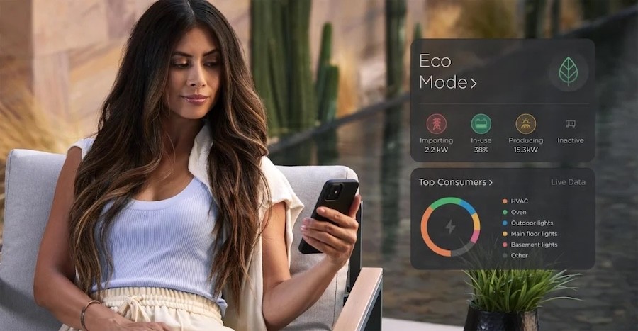 A woman sits in a chair looking at her smartphone. The phone inset image shows a Savant Power app interface.