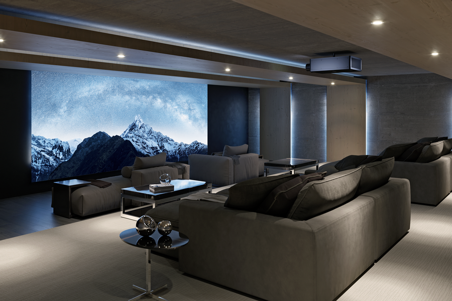 A luxury home theater with a Sony projector.