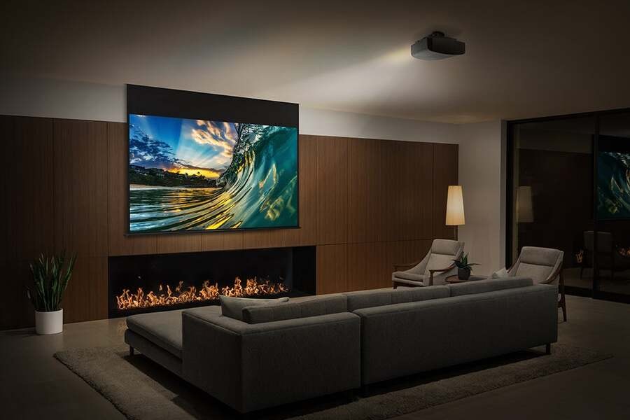 A luxury living room with high-end Sony projector.
