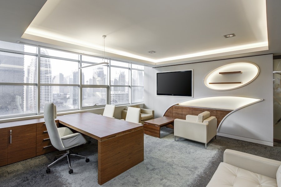 An office space with commercial lighting solutions.